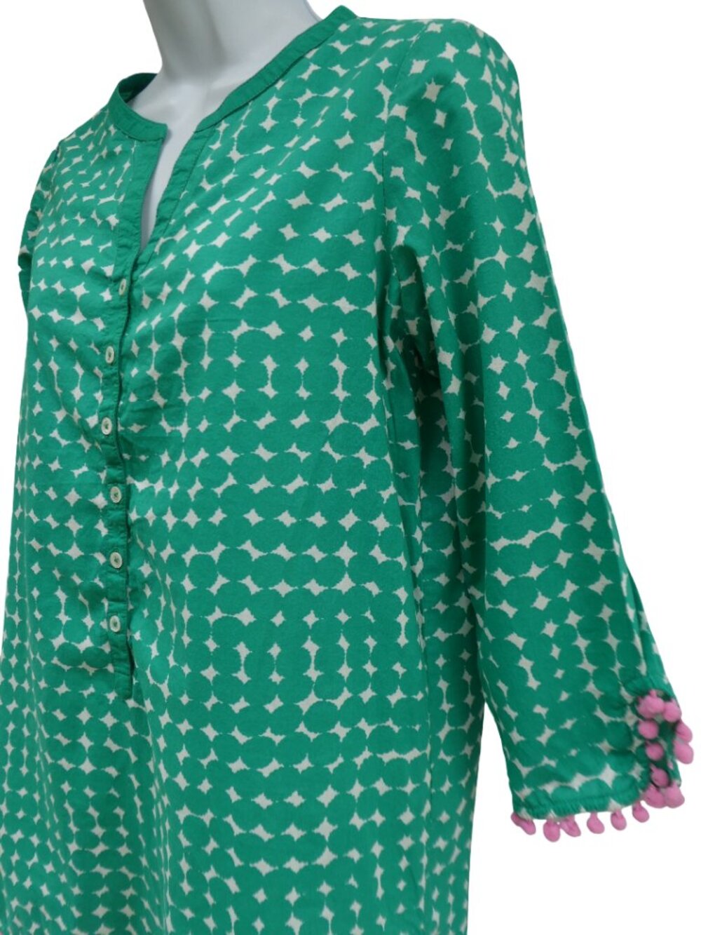 Boden Green White Geo Circles Henley Tunic Pink Pom Poms Trim Cotton Mardi Gras